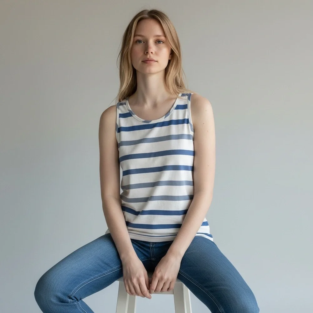 CAbi blue & white striped top. Stripes alternate from bright to faded. Size M W - Picture 1 of 5